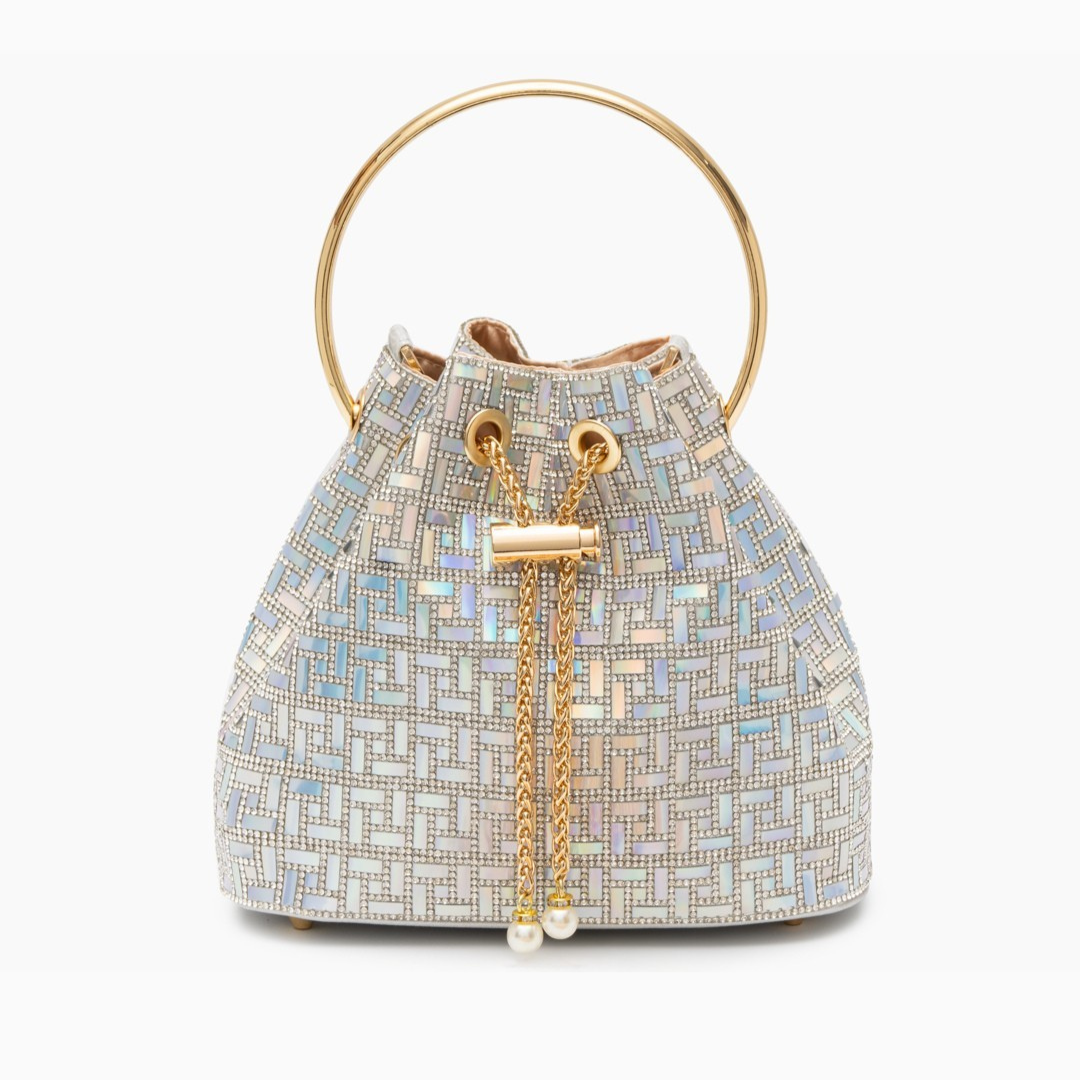Aurelia Mosaic Evening Handbag featuring a metallic frame and pearl accents on a white background