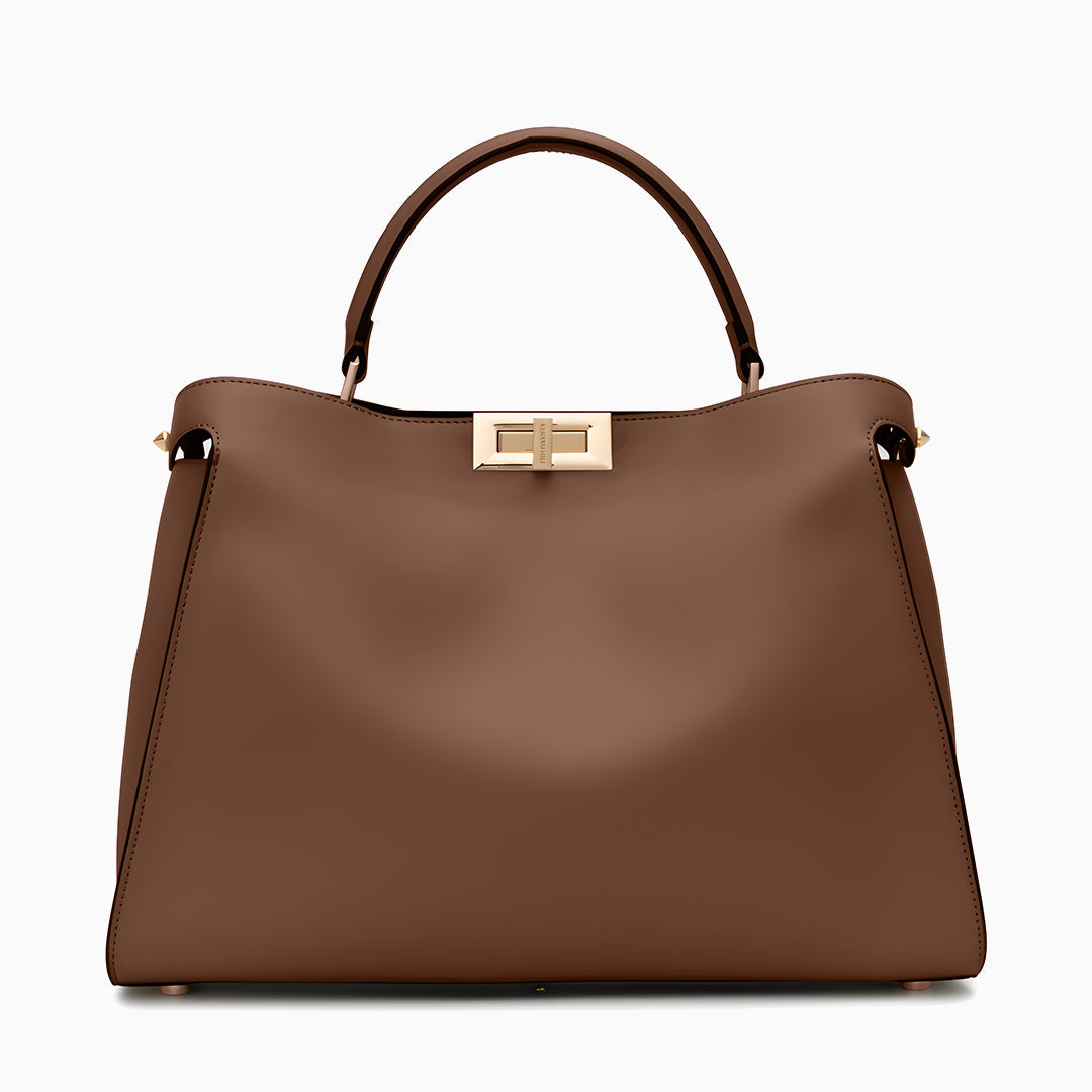 Brown handbag with a gold clasp on a white background