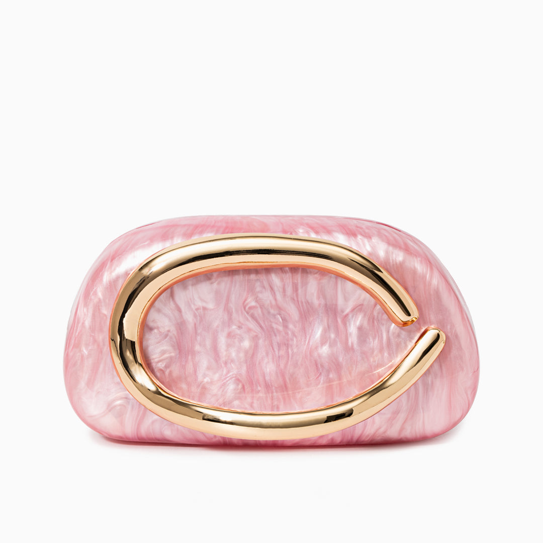Sculptural gold clutch bag with a pearlescent acrylic finish, featuring a sleek and elegant design suitable for evening wear. 10