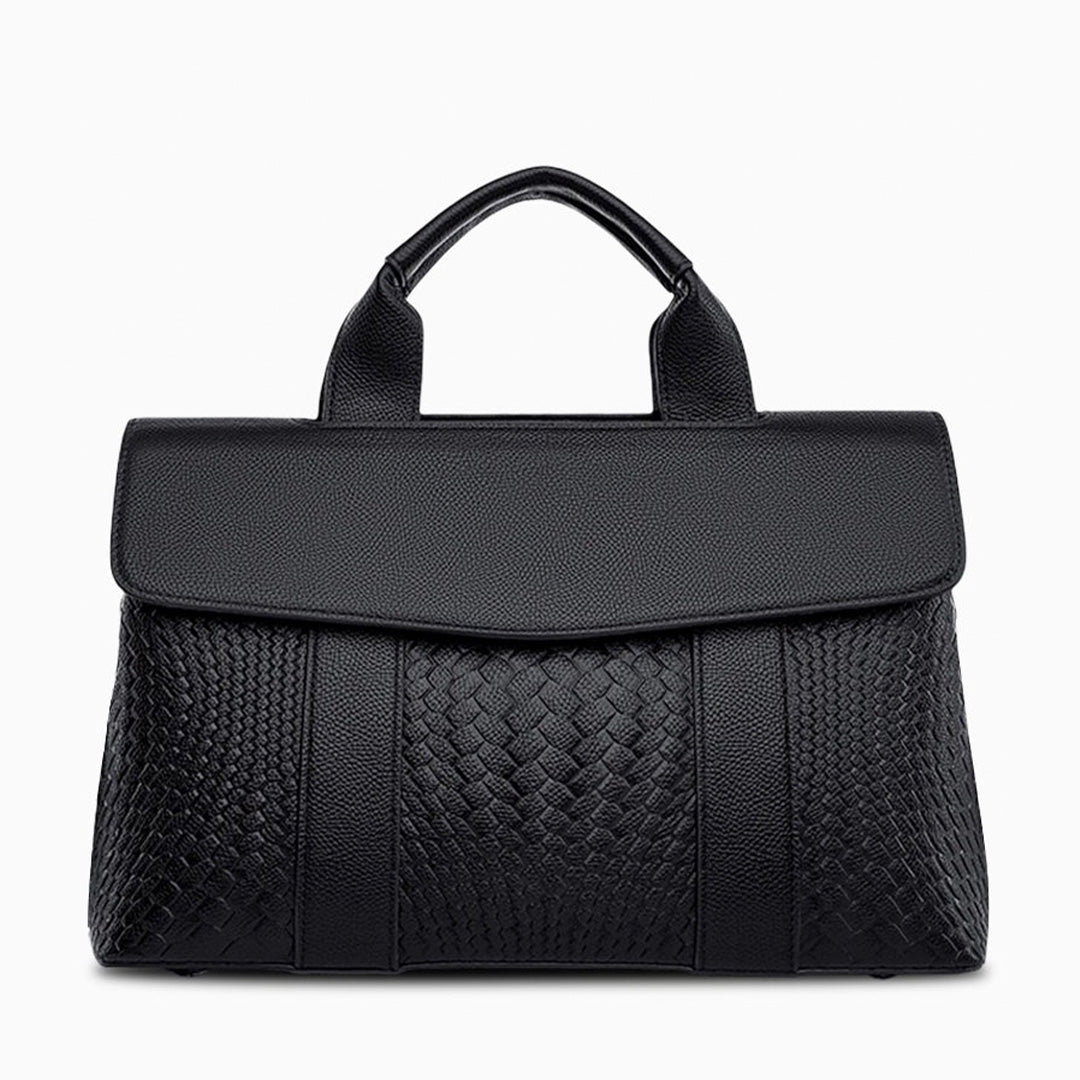 Black handbag with woven pattern on a white background