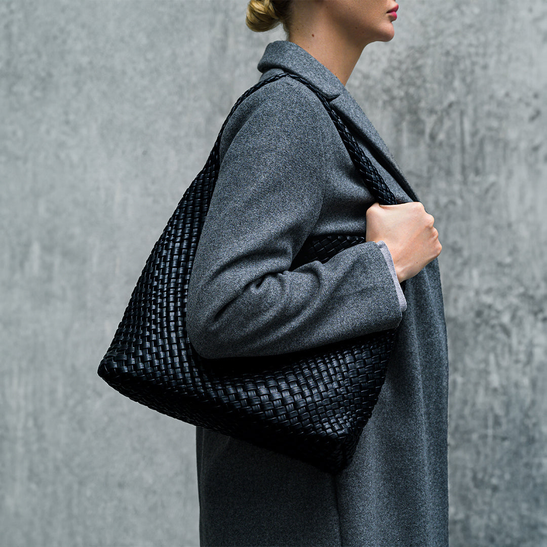 Sophia elegant black vegan leather shoulder bag with extra-large capacity displayed against a neutral background. 3