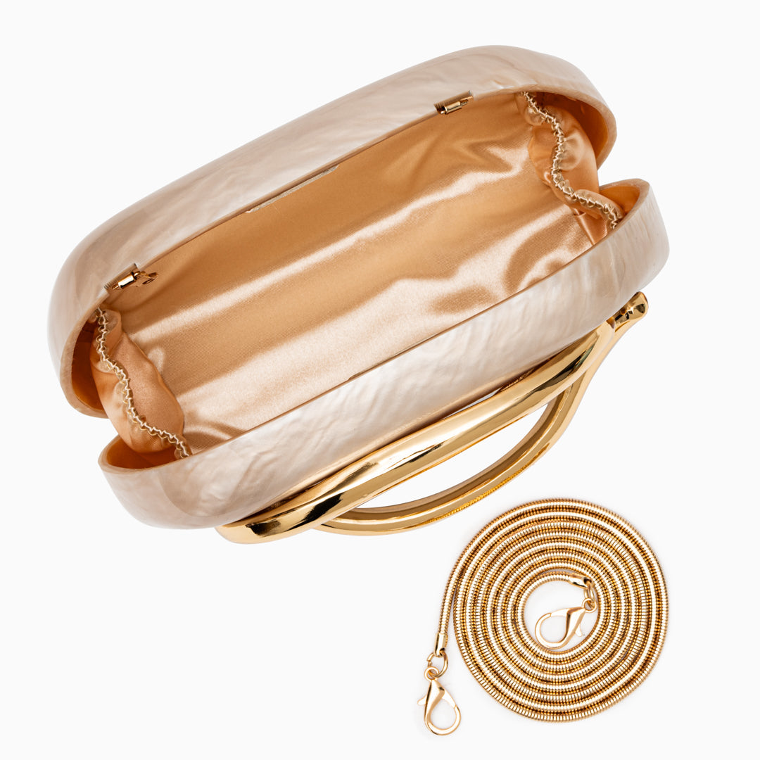 Sophia Gold Acrylic Clutch Bag featuring a polished finish and gold-toned hardware. 5