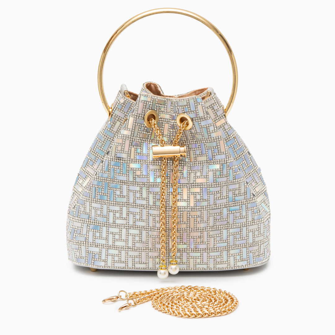 Sophia Mosaic Evening Handbag featuring a metallic frame and pearl accents, designed for elegant evening wear. 5