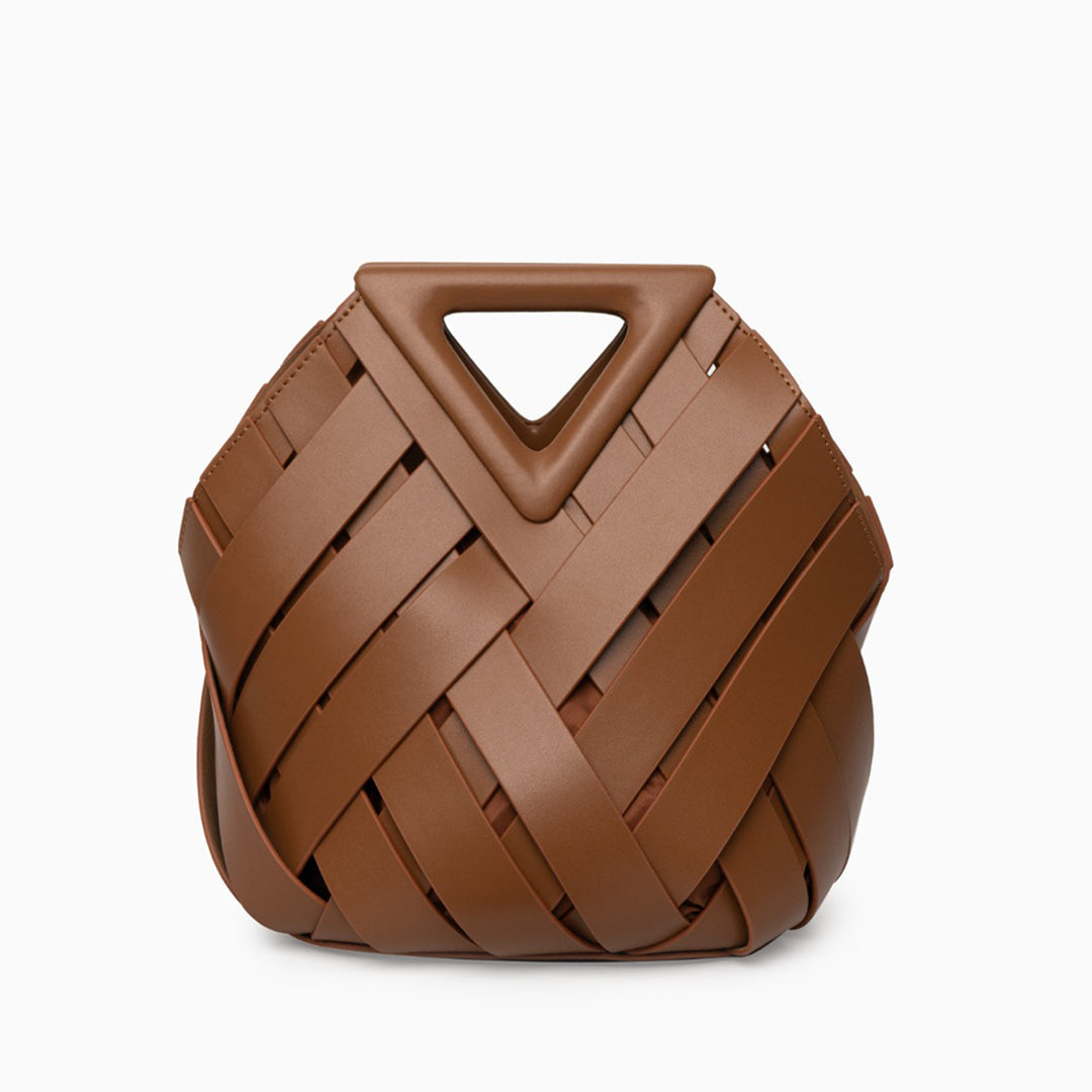 Sophia woven handbag featuring an inverted triangle handle and elegant fabric design. 10
