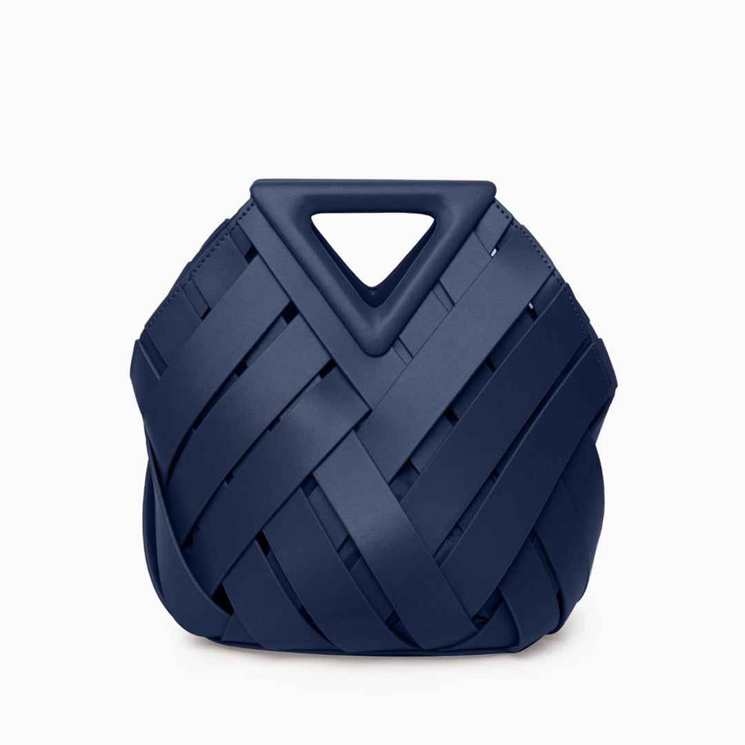 Sophia Woven Handbag featuring an inverted triangle handle and an elegant fabric design. 11