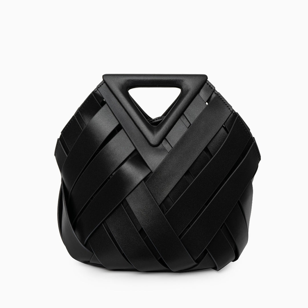 Sophia Woven Handbag featuring an inverted triangle handle and elegant fabric design. 12
