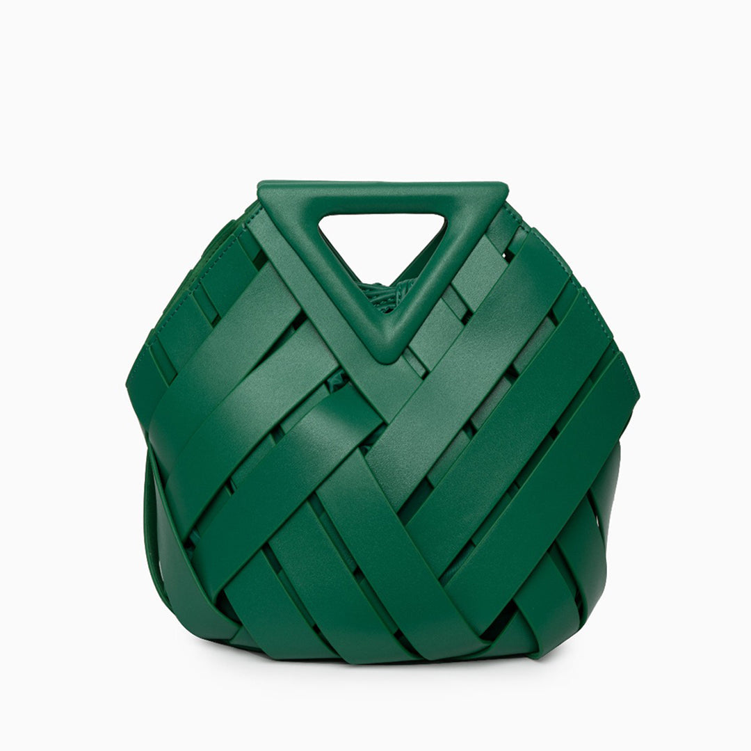 Sophia woven handbag featuring an inverted triangle handle with an elegant fabric design. 14