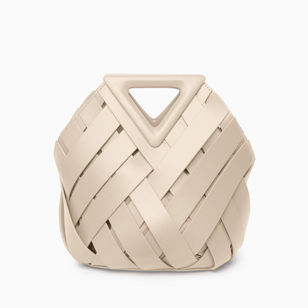 Sophia Woven Handbag featuring an inverted triangle handle and an elegant fabric design. 15