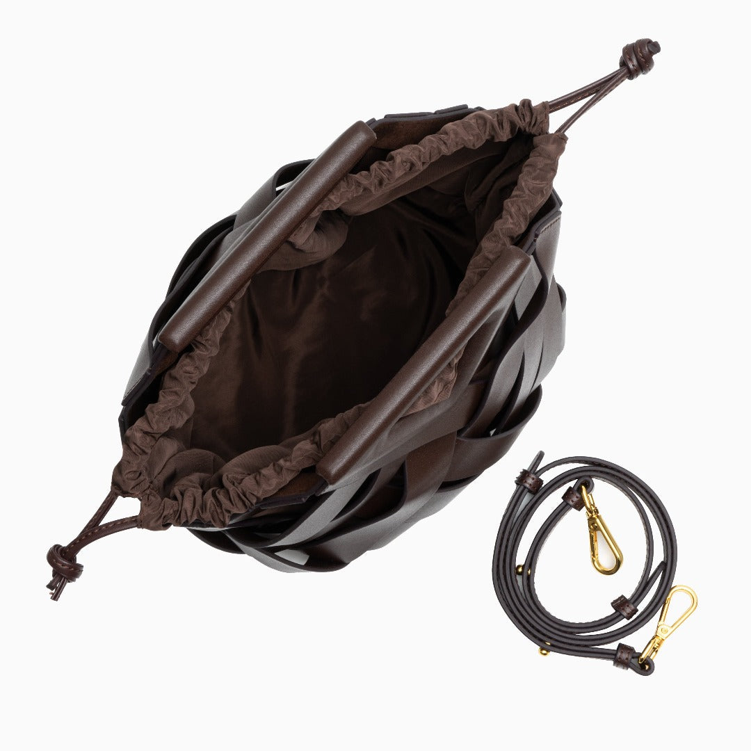 Sophia woven handbag featuring an inverted triangle handle, showcasing an elegant fabric design. 6