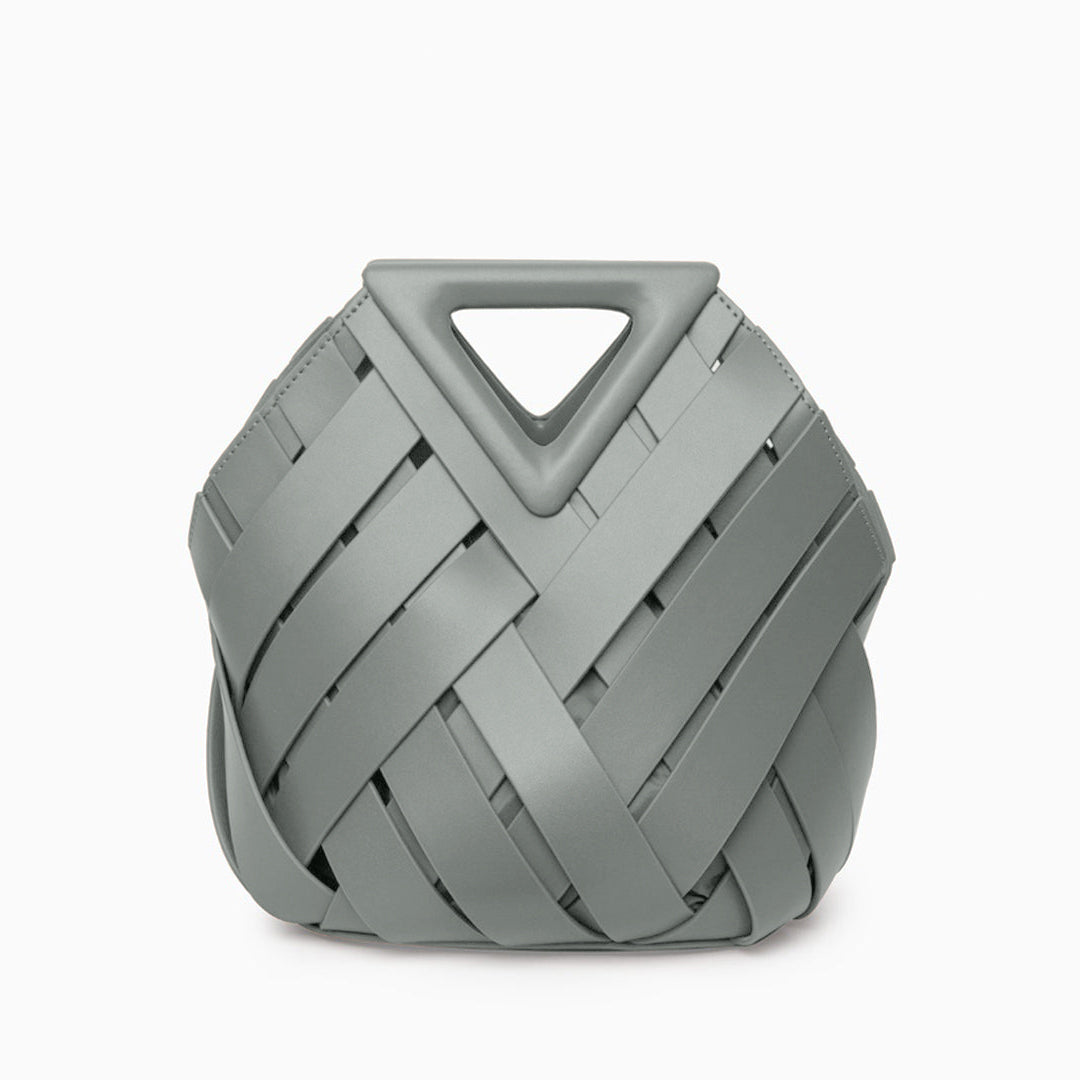 Sophia Woven Handbag featuring an inverted triangle handle and an elegant fabric design. 9