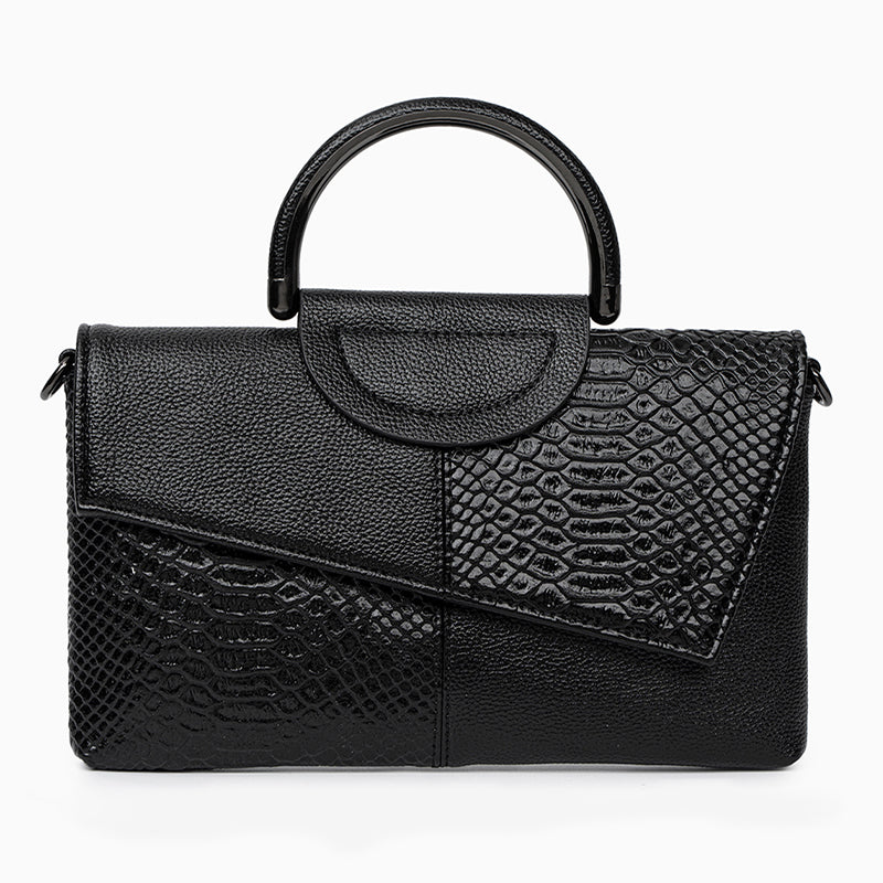 Elegant black shoulder bag made of genuine leather on a white background.