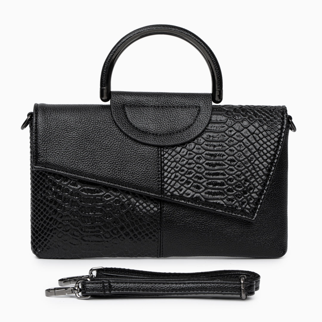 Black handbag with snake skin pattern on a white background