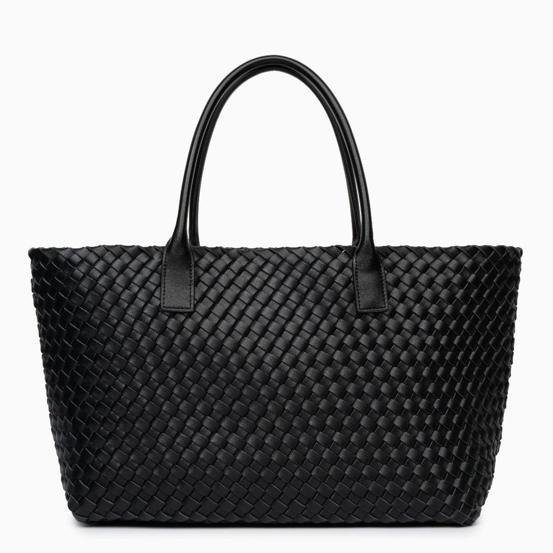 Black woven handbag on a white background