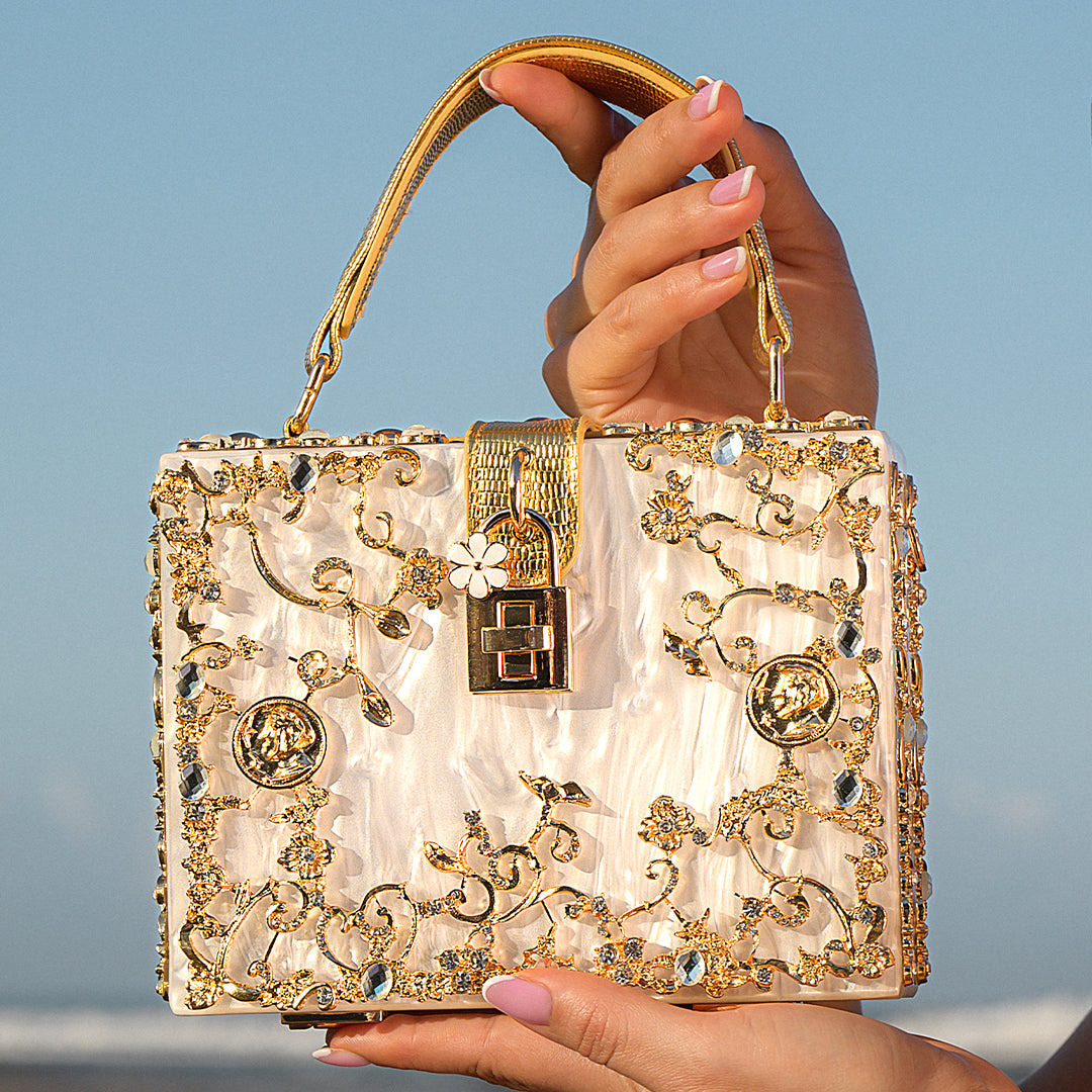 Elegant floral acrylic box handbag with gold accents, featuring a chic design and vegan-friendly materials. 3