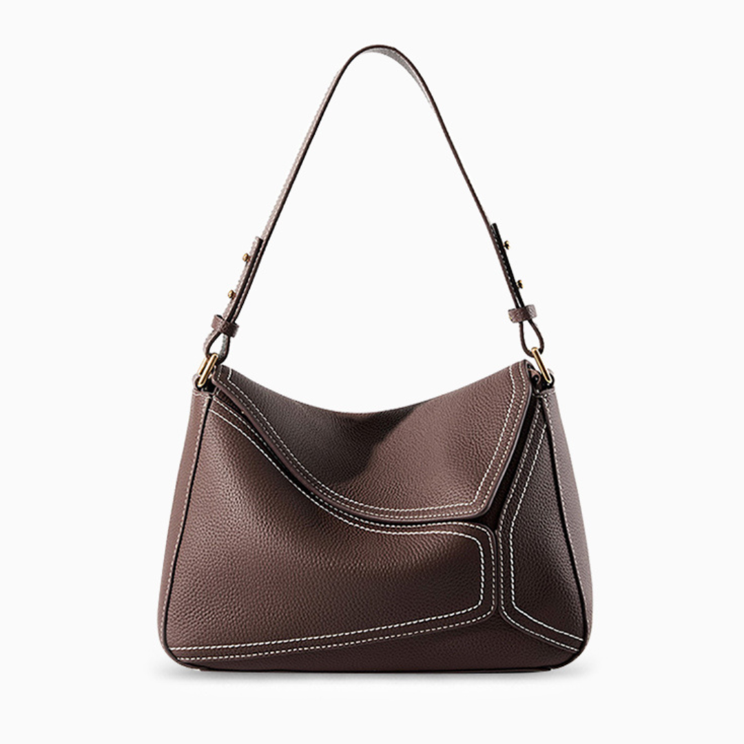 A stylish asymmetrical shoulder bag for women in brown and grey, featuring a modern design. 0