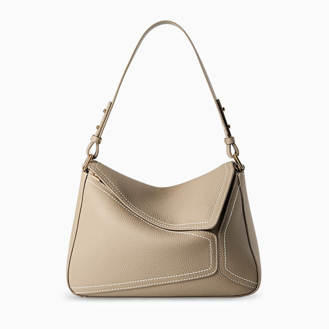 Asymmetrical shoulder bag for women in brown and grey, featuring a stylish design. 7