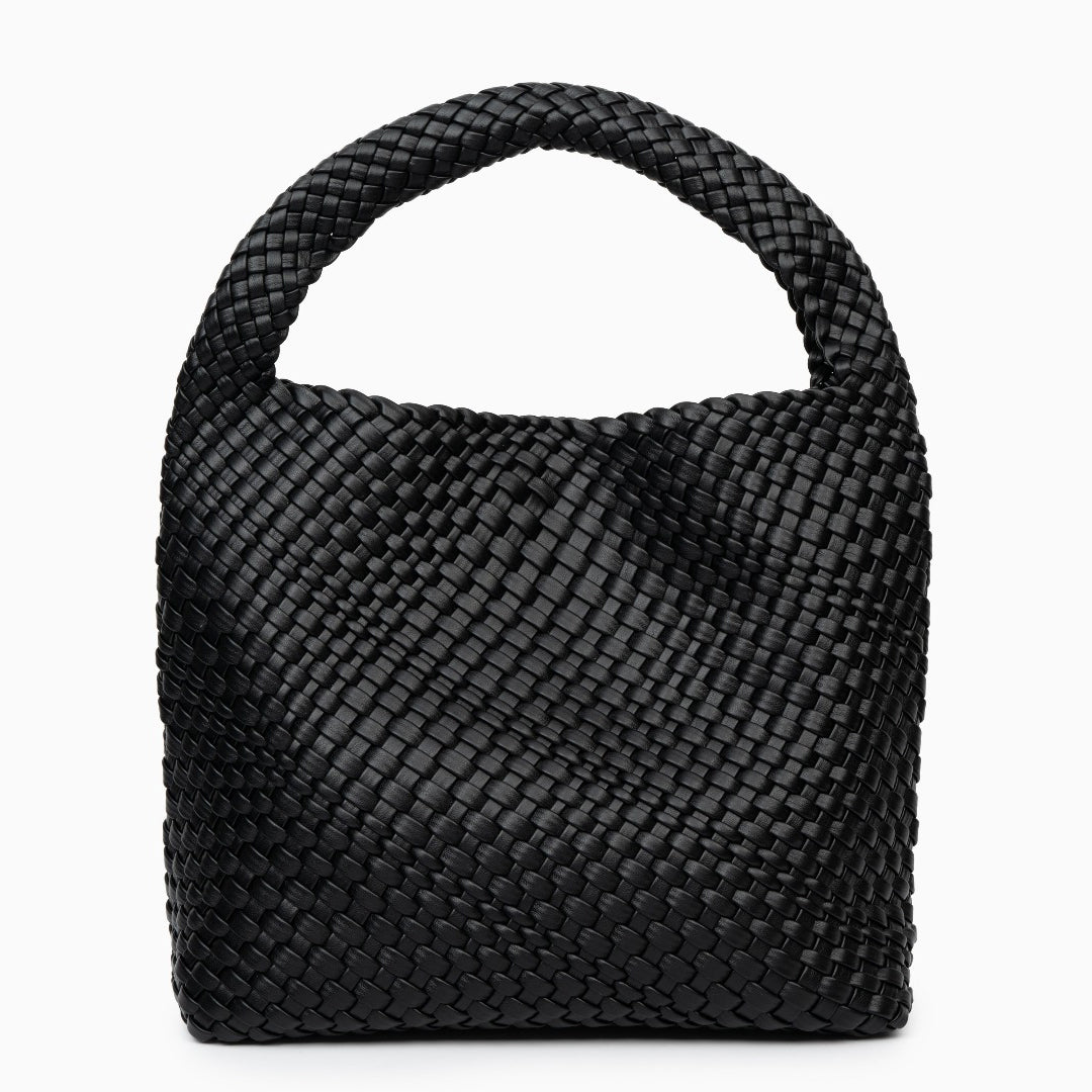 A black vegan leather shoulder bag with a sleek design and extra-large capacity, displayed against a neutral background. 0