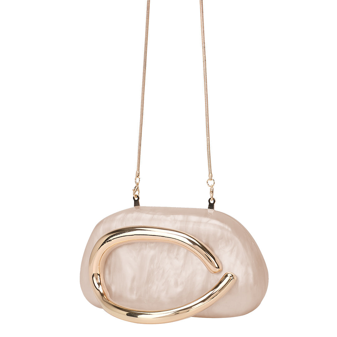 Gold acrylic clutch bag with polished finish and gold-toned hardware. 4