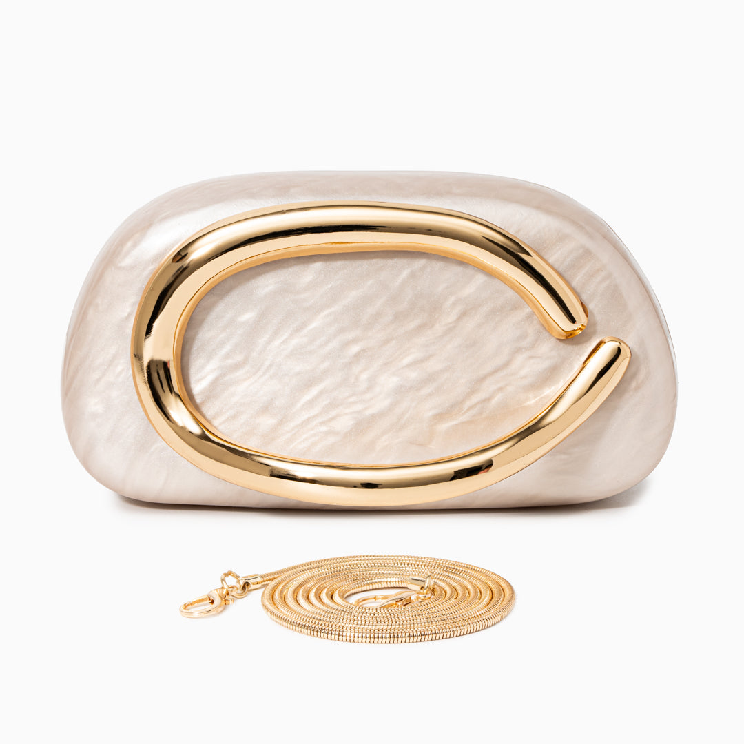 Sophia Gold Acrylic Clutch Bag featuring a polished finish and gold-toned hardware. 7