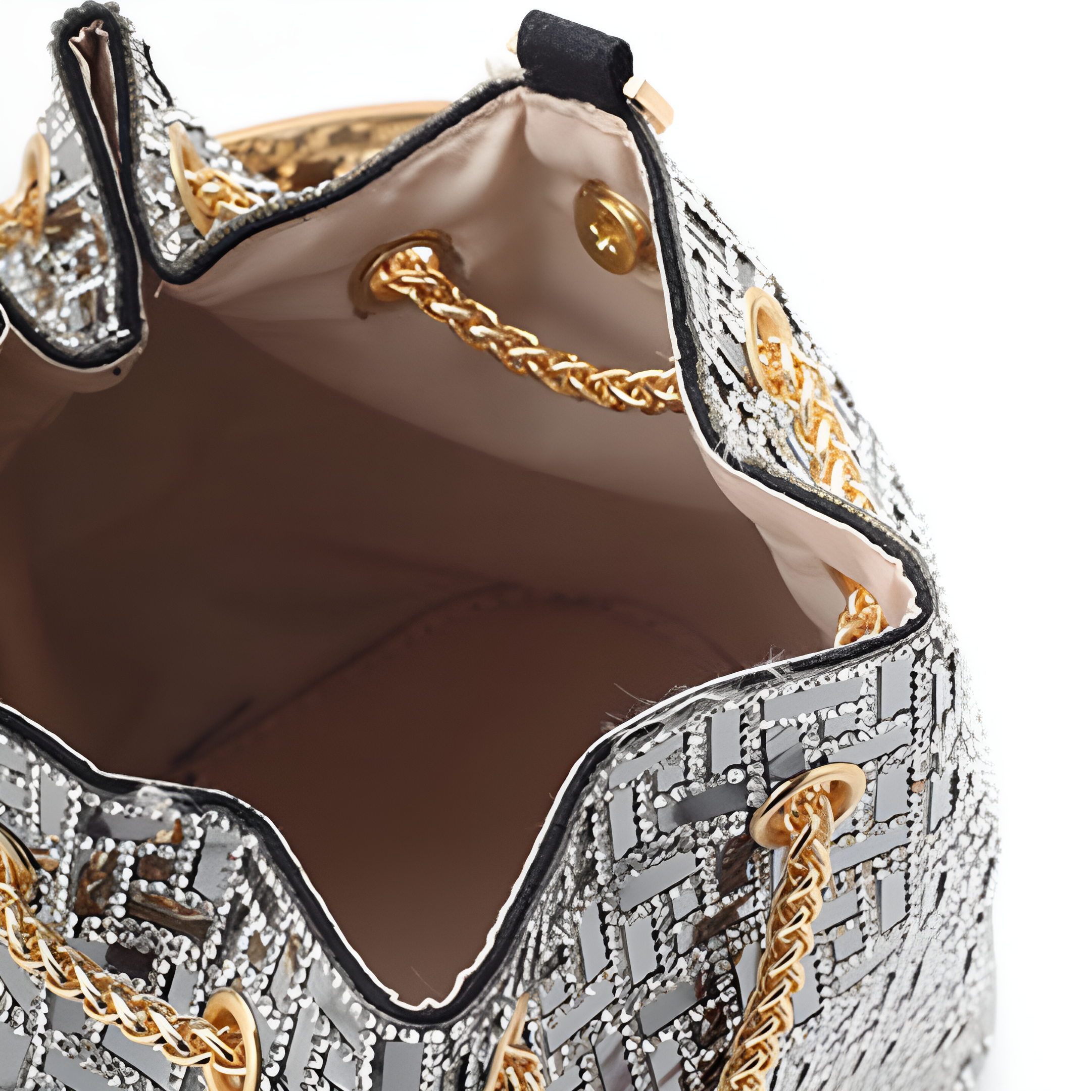 Sophia Mosaic Evening Handbag featuring a metallic frame and pearl accents, displayed elegantly. 2
