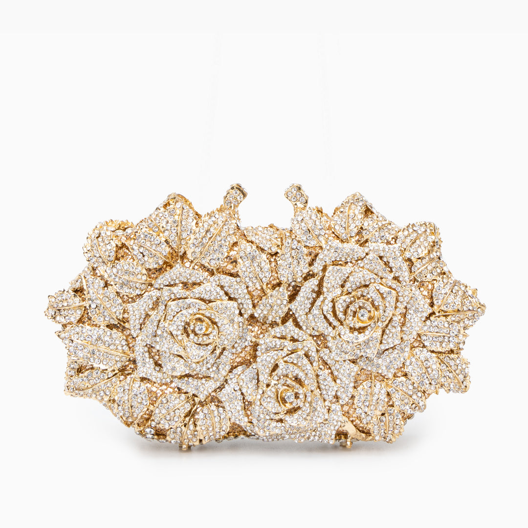 Sophia Rose Gold Clutch Bag made of vegan leather, adorned with sparkling rhinestone accents. 0