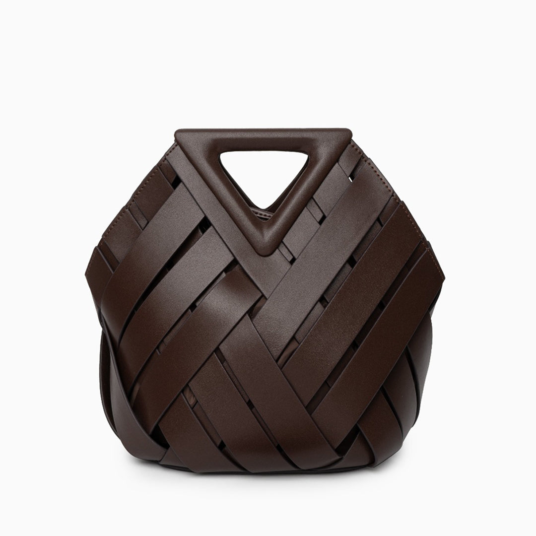 Sophia woven handbag featuring an inverted triangle handle and elegant fabric design. 0